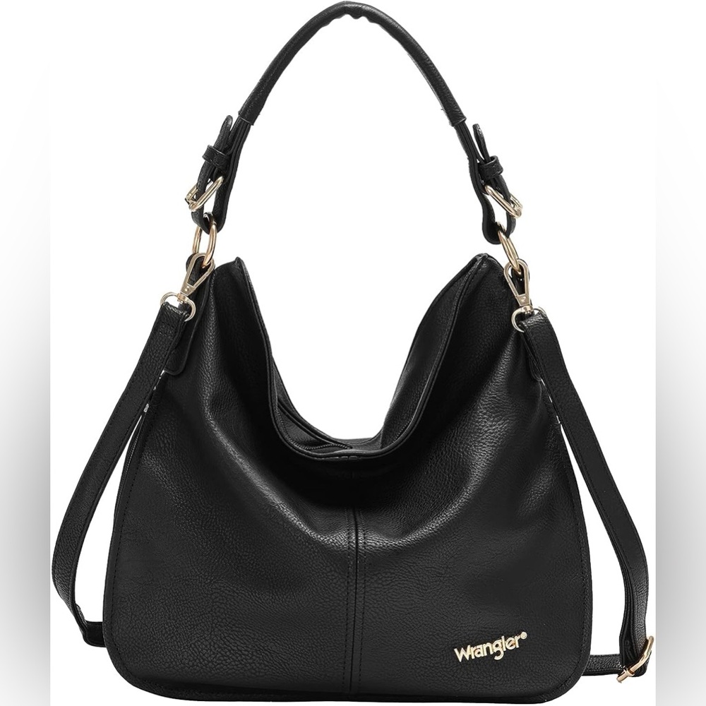 Wrangler Black Crossbody Bag Adjustable Strap Gold Hardware Hobo Expandable NWOT